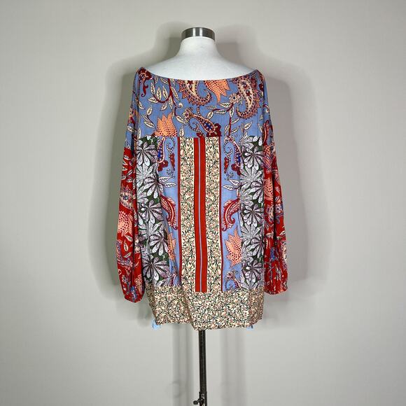 Anthropologie | Sonrisa Paisley Floral Red Blue Tassel Balloon Sleeve Blouse Top - Picture 6 of 9